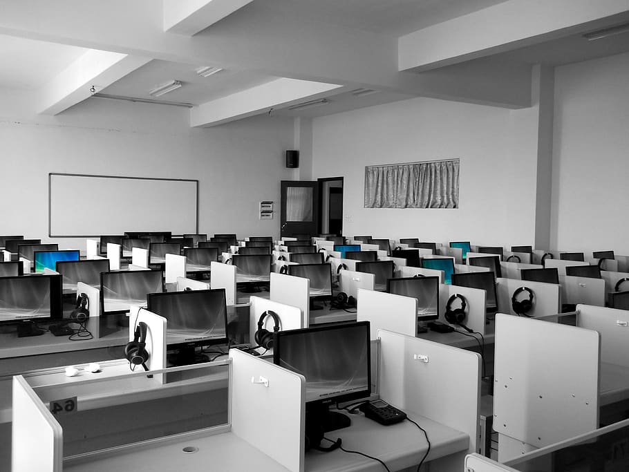 language lab, college, university, cubicles, computers, black and white, isolated color, hdr, huinan, china