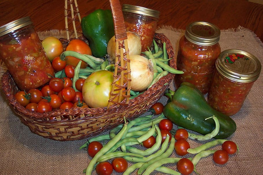 variety, vegetables, brown, wicker basket, harvest, canning, preserves, preserving, garden, tomatoes