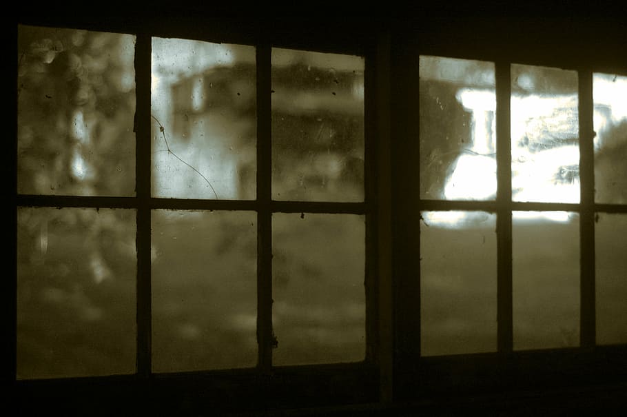 jendela tertutup, kaca, jendela, tua, retak, gelap, sepia, vintage, di dalam ruangan, ditinggalkan