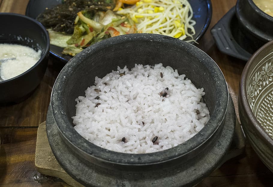 steamed, rice, gray, pot close-up photo, korea, meal, stone pot, food and drink, indoors, bowl