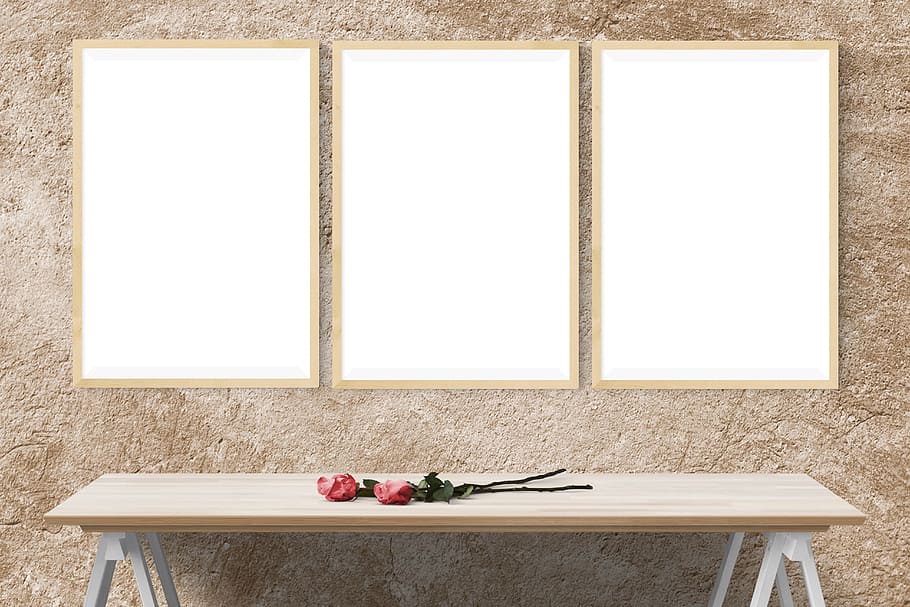 two, red, roses, rectangular, brown, wooden, trestle table, poster, mockup, wall