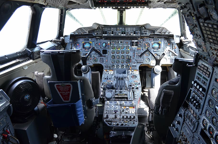 black, gray, plane cockpit, interior, control panel, cabin, inside, concorde, cockpit, plane