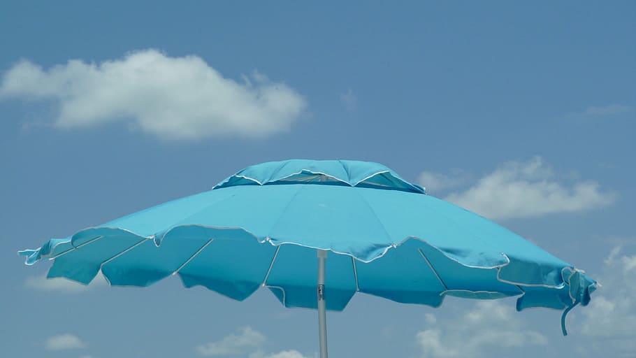 beach, umbrella, sky, blue, sunny, blue sky, clouds, cloud - sky, protection, nature