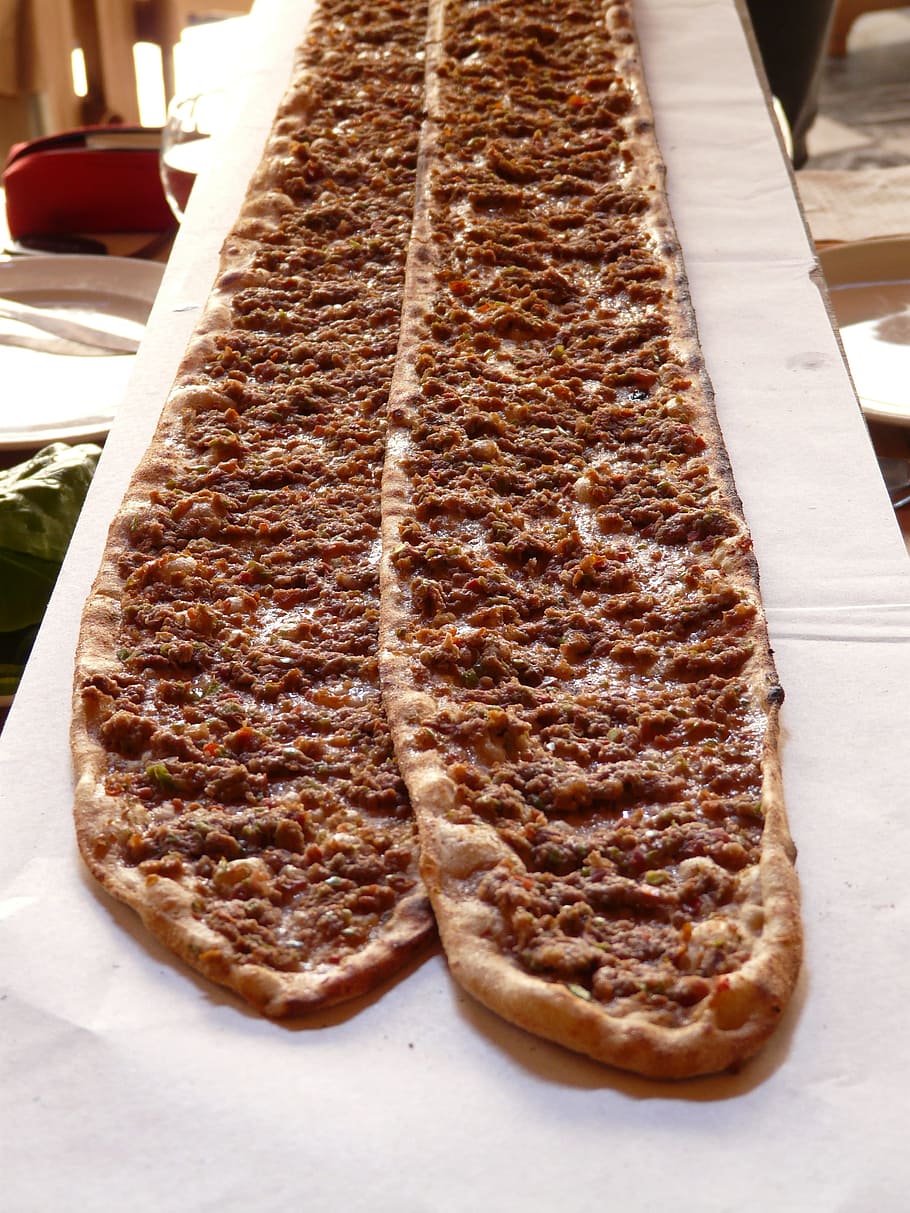 two, baked, dough, meats, Turkish Pizza, Turkey, Flat, Flat Bread, pizza, turkey, eat