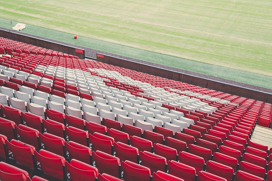 estádio de assento vazio, vermelho, branco, assentos, cadeiras, estádio, esportes, concerto, campo, ao ar livre