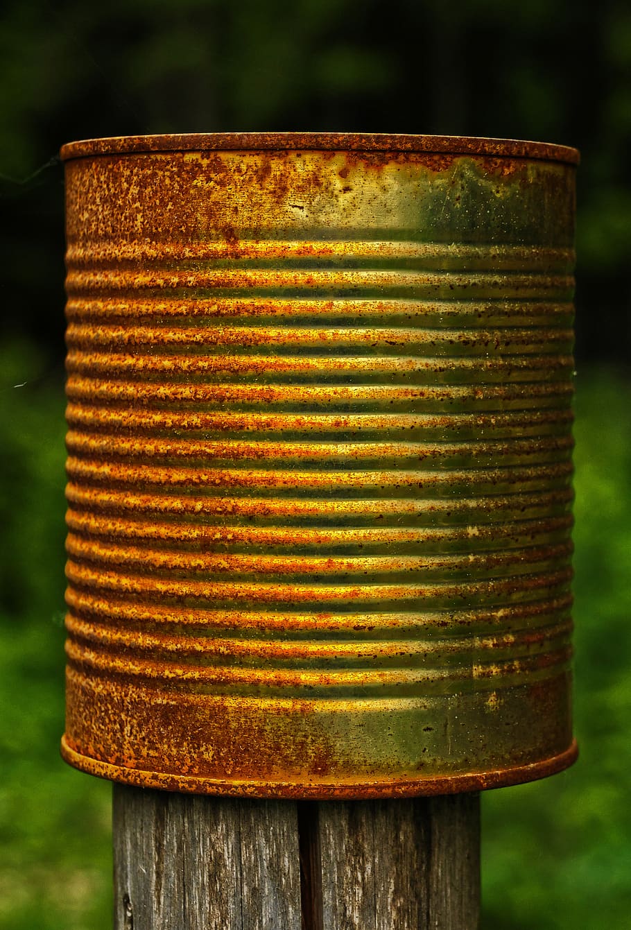 post, box, rusty, tin can, wooden posts, post completion of, rusted, weathered, wood, metal