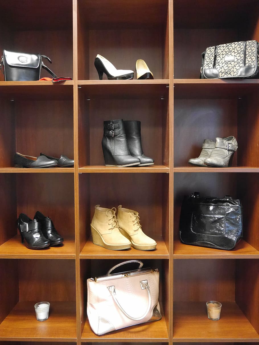 footwear, bag lot, shelf, wardrobe, clothing, handbags, indoors, retail, for sale, shoe