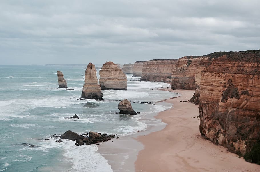 pantai pada siang hari, pemandangan, formasi tumpukan batu kapur, dua belas rasul, victoria, australia, samudra, pantai, air, laut