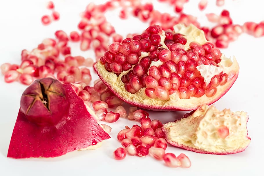 red fruit, pomegranate, fruit, seeds, food, fresh, organic, healthy, vegetarian, sweet