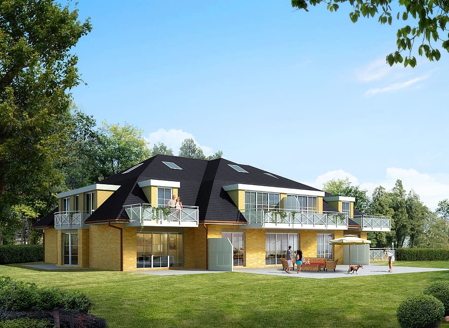 people, front, yellow, black, house, trees, daytime, single family home, villa, rendering