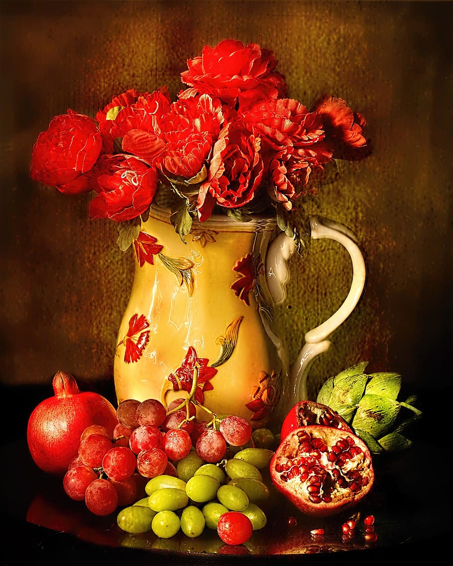 red, roses, brown, ceramic, vase, assorted, fruits decor, still-life, still life, fine art