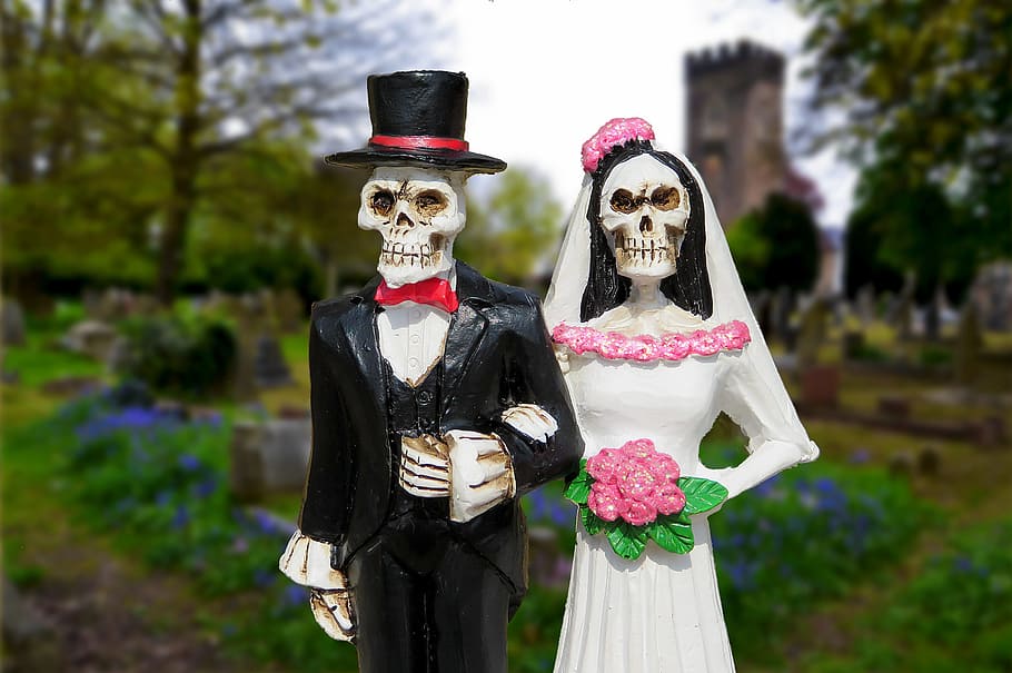 bridge, groom skeleton, ceramic, figurine, bride, groom, skeleton, wedding, halloween, scary