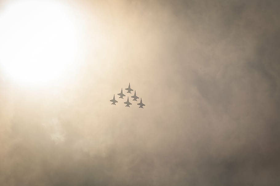 six, jet aircraft, flying, sky, formation, jets, sunny, day, clouds, sun
