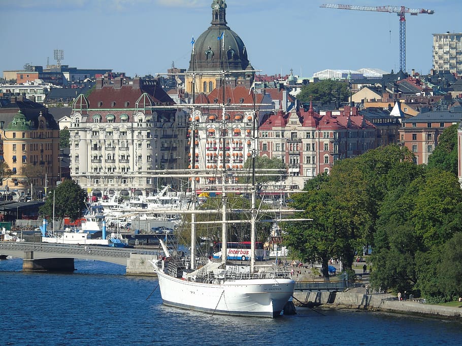 white, boat, dock, calm, body, water, blue, sky, stockholm, af chapman