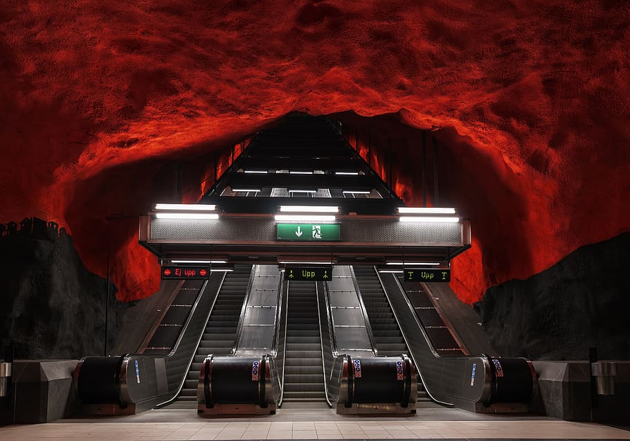 stockholm, Swedia, metro, stasiun, kereta bawah tanah, bawah tanah, melatih, Perkotaan, tangga, Arsitektur