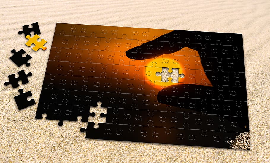 puzzle, sun, sand, hand, evening sun, sunset, background image, finger, detention, beach