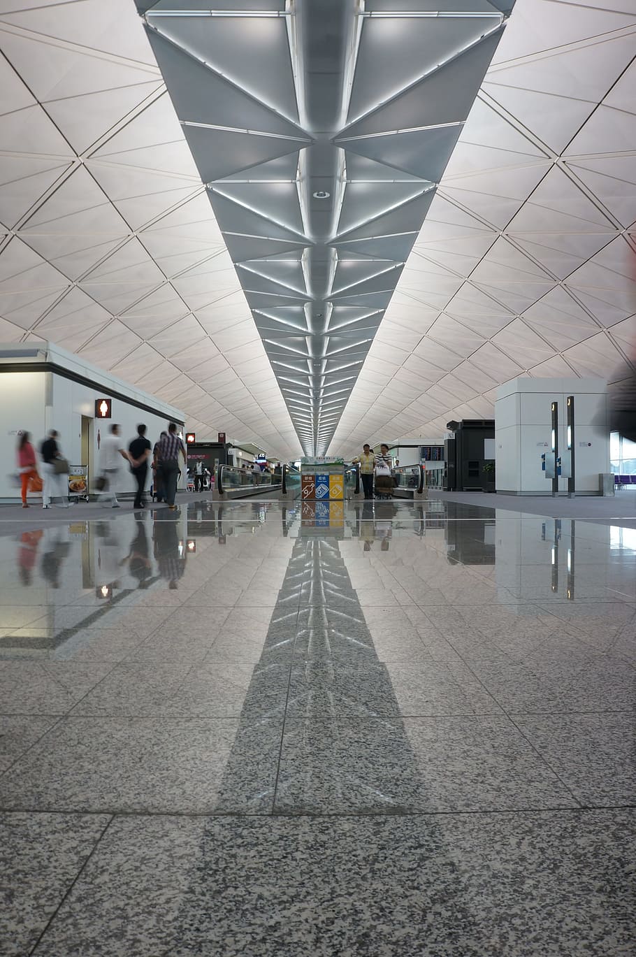 people, standing, inside, building, hong kong, airport, corridor, terminal, based on the, suspended ceiling