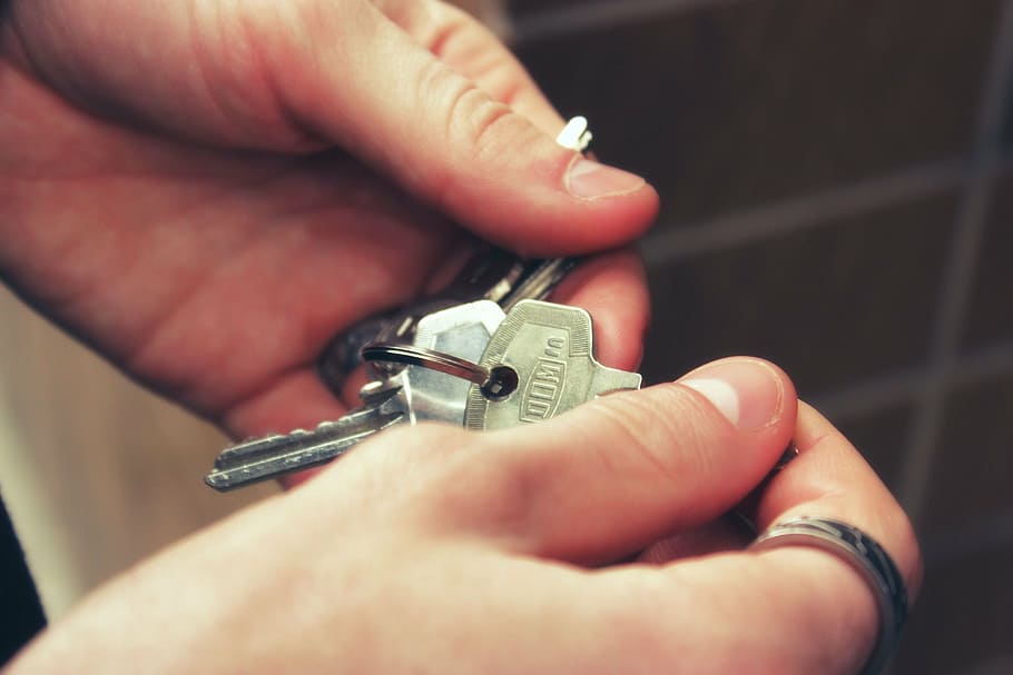 person, holding, stainless, steel keys, keys, hands, house, lock, home, estate