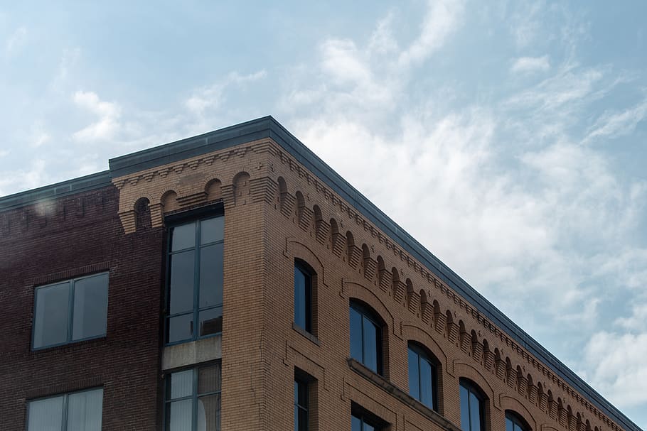 city, building, angle, brick, sky, windows, detail, architecture, structure, office