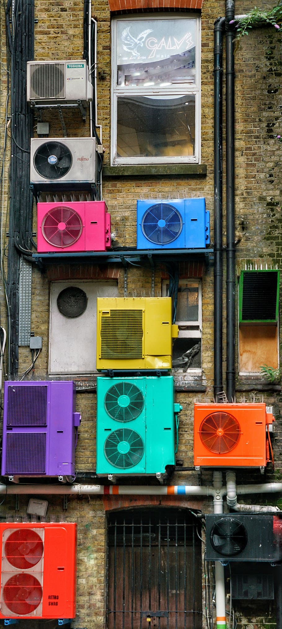 aircon, compressor, art, colourful, wall, london, architecture, built structure, multi colored, building exterior