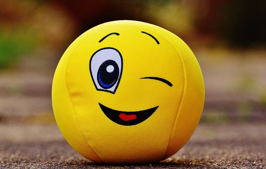 emoji ball, shallow, focus photography, Smiley, Wink, Yellow, Sweet, Cute, funny, face
