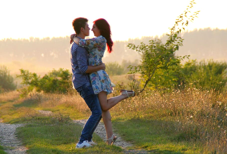man, woman, hugging, grass field, couple, grass, field, boy, girl, love