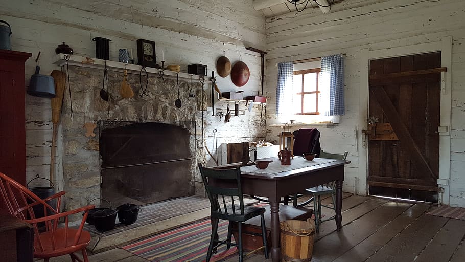 mesa de madera marrón, nuevo salem, casa antigua, chimenea, comedor, histórico, casa, antiguo, en el interior, ventana