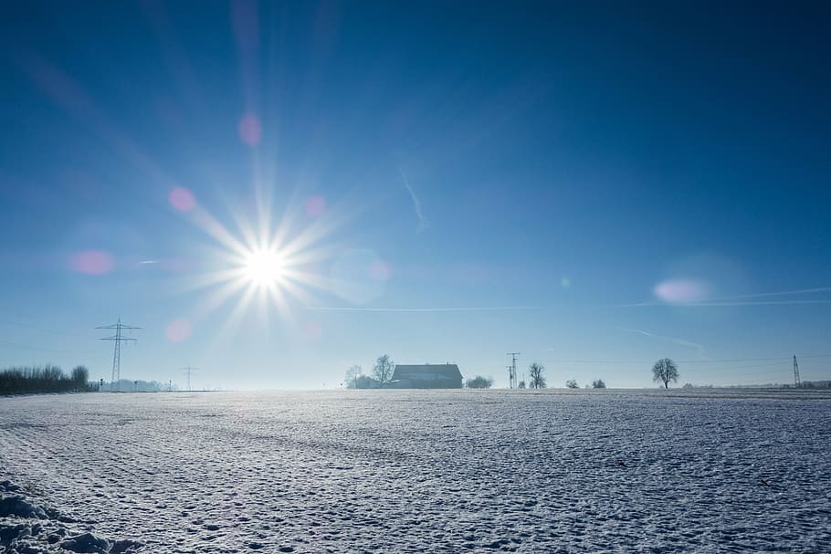 musim dingin, salju, matahari, biru, langit, sebagian berawan, sinar matahari, cahaya, lampu belakang, dingin