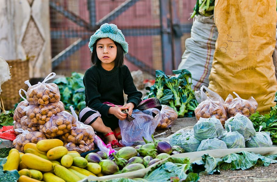 girl, sitting, front, vegetables, morning market, child selling, myanmar, market, asia, morning