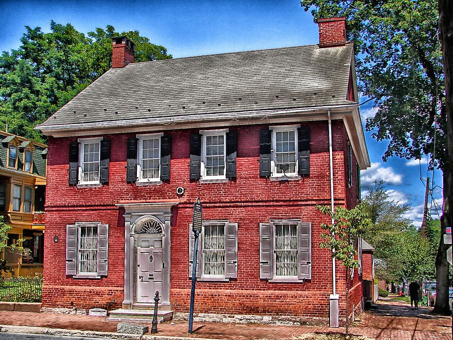 lancaster, pennsylvania, colonial house, landmark, historic, hdr, architecture, brick, trees, outside