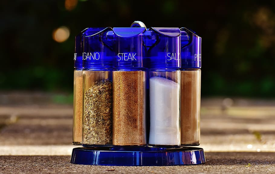 purple, glass spice rack, condiments, brown, surface, spice rack, cooking, spices, preparation, eat