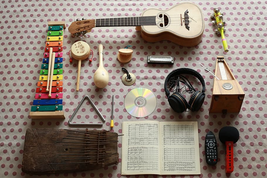 beige, ukulele, black, corded, headphones, remote, control, Music, Instruments, Cymbals