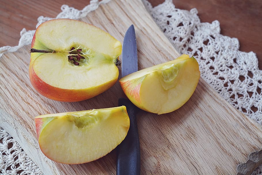 apple, bio apple, cut, sliced apple, fruit, natural product, cutting board, wooden board, healthy, bio