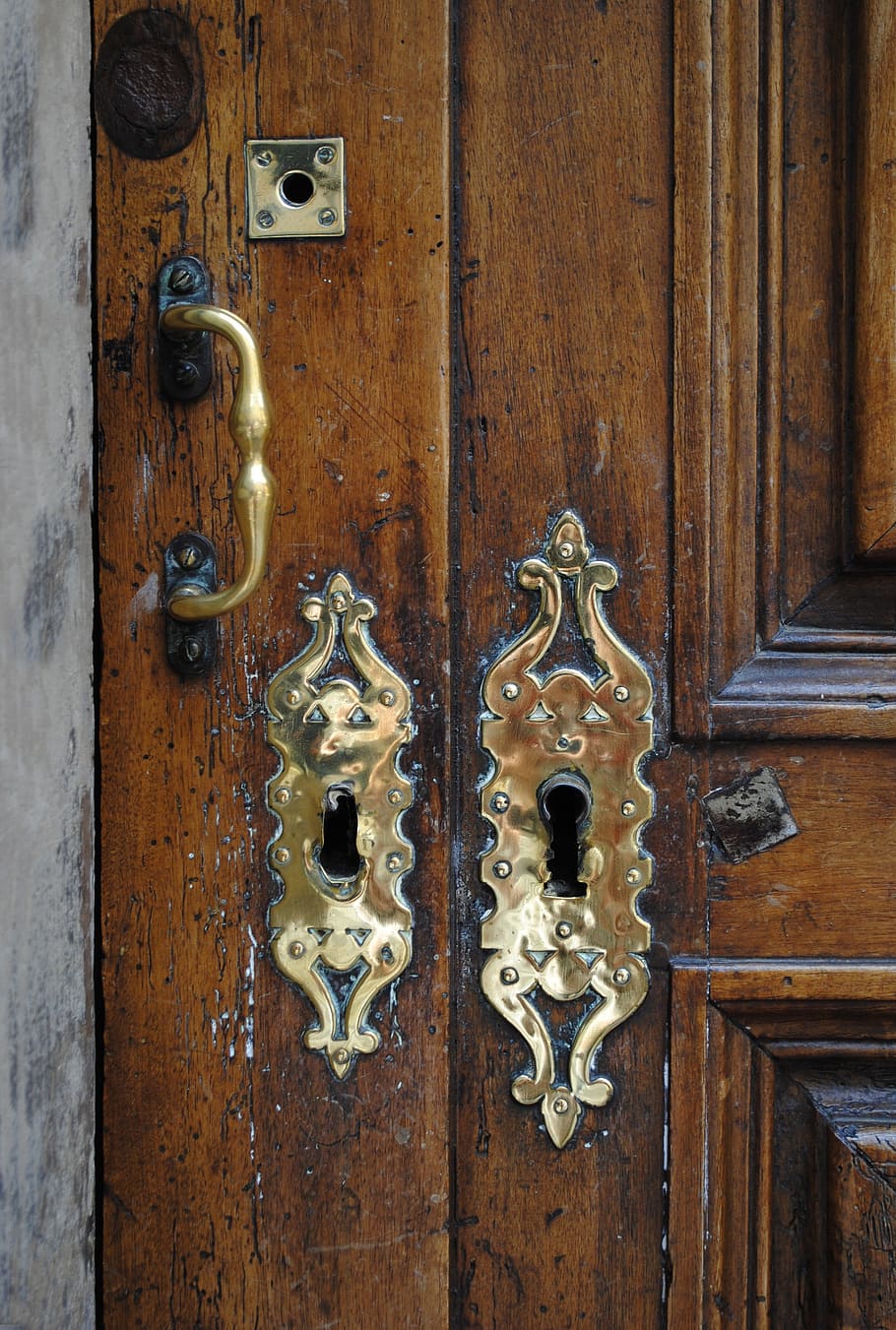 door, fittings, brass, wood, castle, handle, old, entrance, wood - material, safety