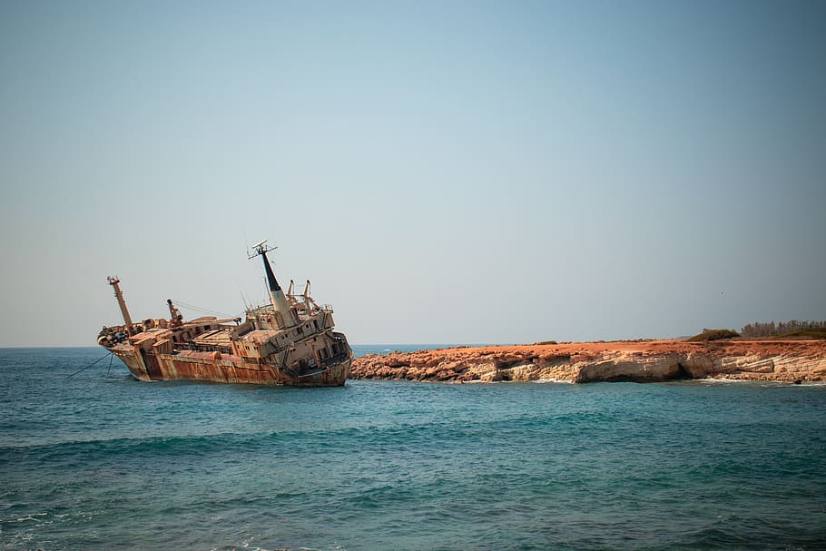cyprus, kecelakaan, laut, ditinggalkan, berkarat, perahu, kapal, peja, tua, paphos