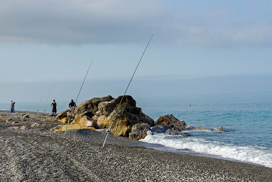 sea, scoglio, fishing, fishermen, beach, fishing rods, blue, calm sea, water, sky