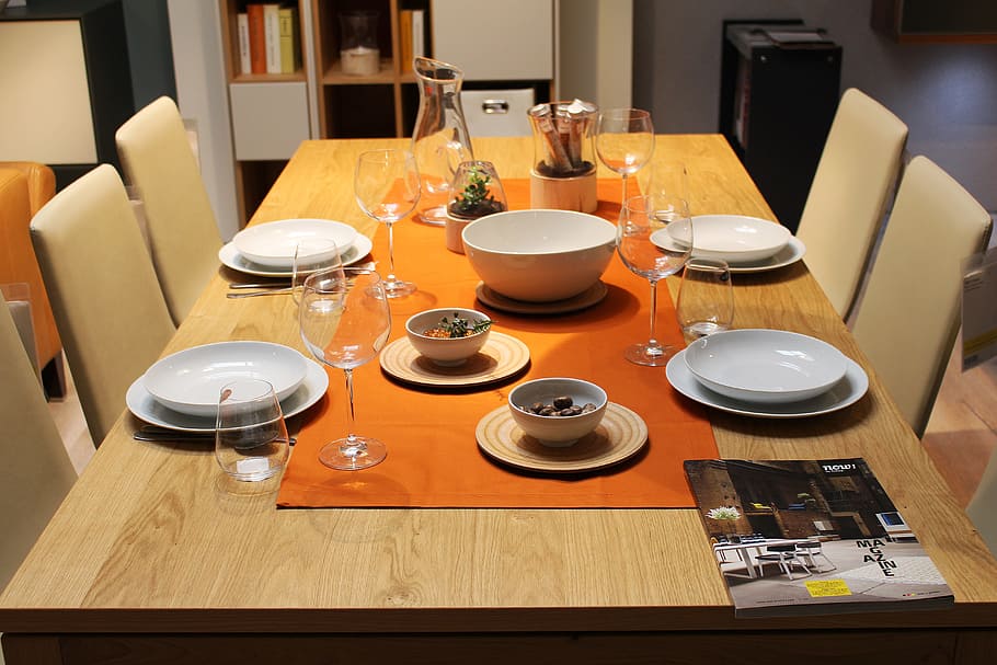 white, ceramic, dinnerware, set, rectangular, brown, wooden, dining table, decoration, tableware