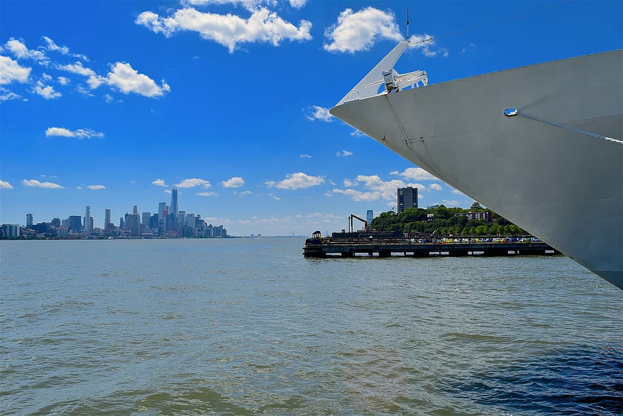 new york, hudson river, port, dock, cruise ship, water, skyline, manhattan, city, america