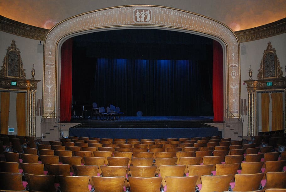 empty, chairs, stage, interior, theatre, theater, curtain, drama, theatrical, presentation