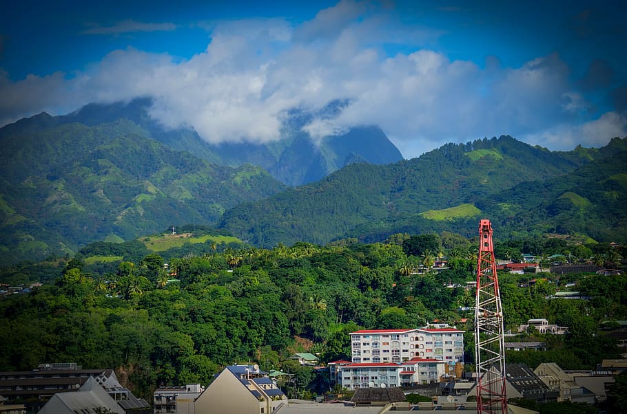 green, leafed, trees, concrete, building, daytime, tahiti, mountains, landscape, french polynesia