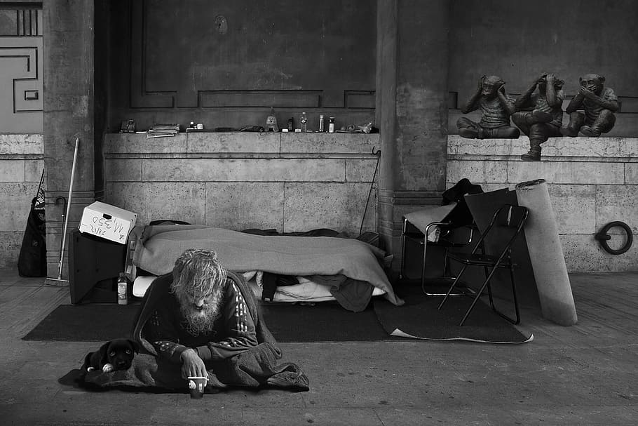 grayscale photography, man, sitting, ground, homeless man, beggars, homeless, poverty, bed, three wise monkeys