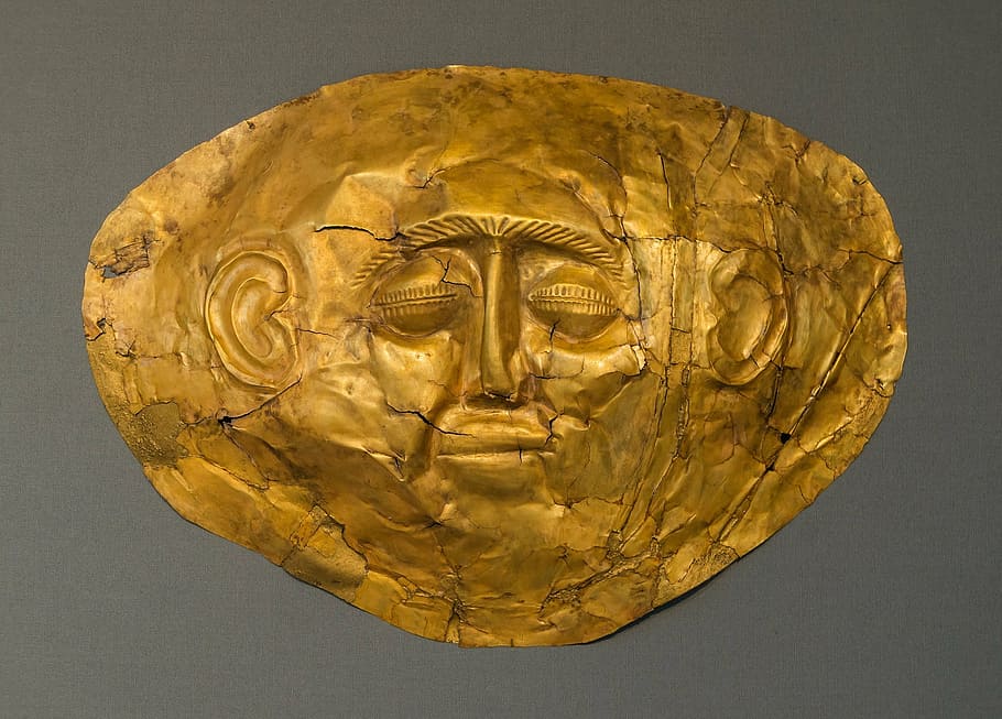 gold wall decor, gold, funeral mask, ancient, death, burial, face, museum, history, archeology