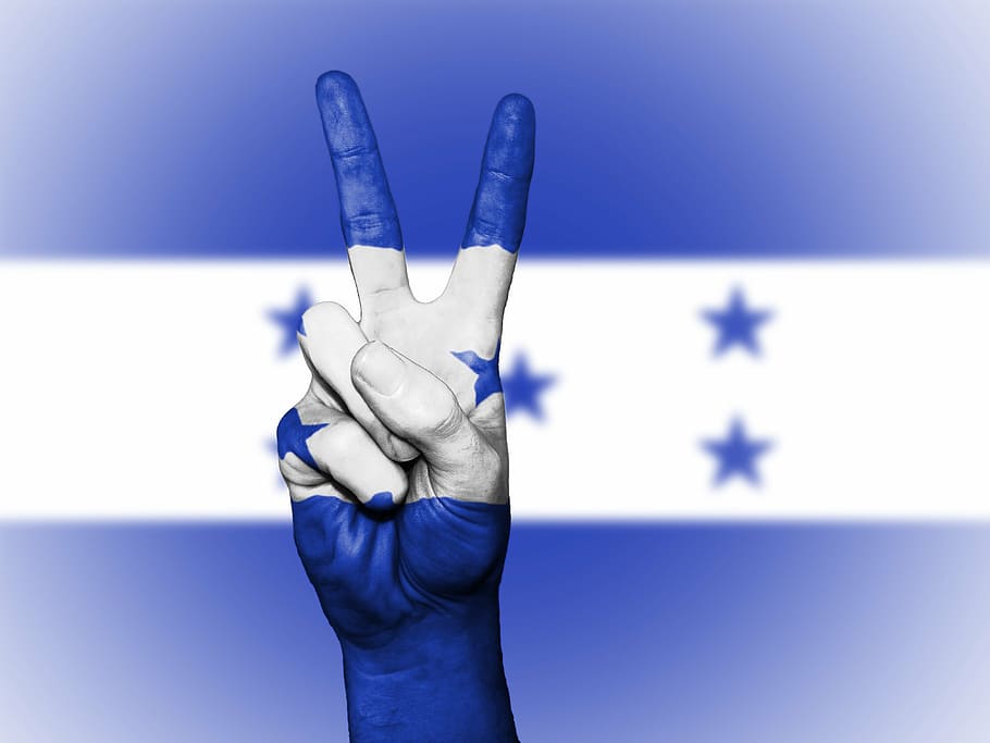 person, showing, peace signe, honduras, peace, hand, nation, background, banner, colors
