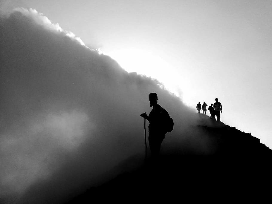 silhouette, people, standing, cloud formation, volcano, crater, guatemala, pacaya, climbing, smoke