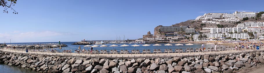 panoramic, puerto rico, pier, sun, beds, the parasol's, ocean, beach, bay, sand