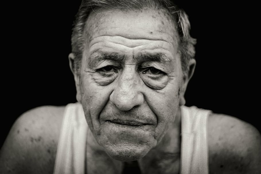 grayscale photography, man, wearing, tank, top, senior, old, look, wrinkles, people