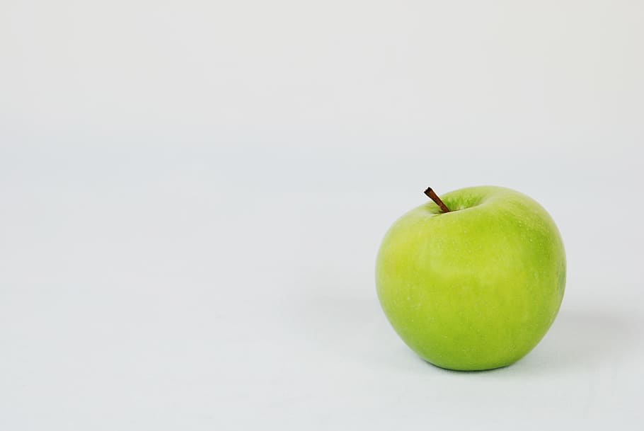 minimalista, fotografía, verde, manzana, blanco, fondo, fruta, manzana verde, alimentación saludable, comida y bebida
