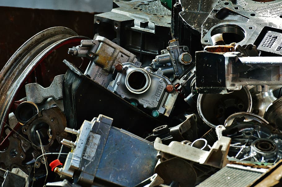 pila, mecánica, partes, durante el día, hierro, chatarra, reciclaje, metal, antiguo, depósito de chatarra