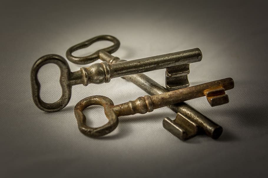 three skeleton keys, key, metal, old, close to, door key, iron, locks to, close, rusty