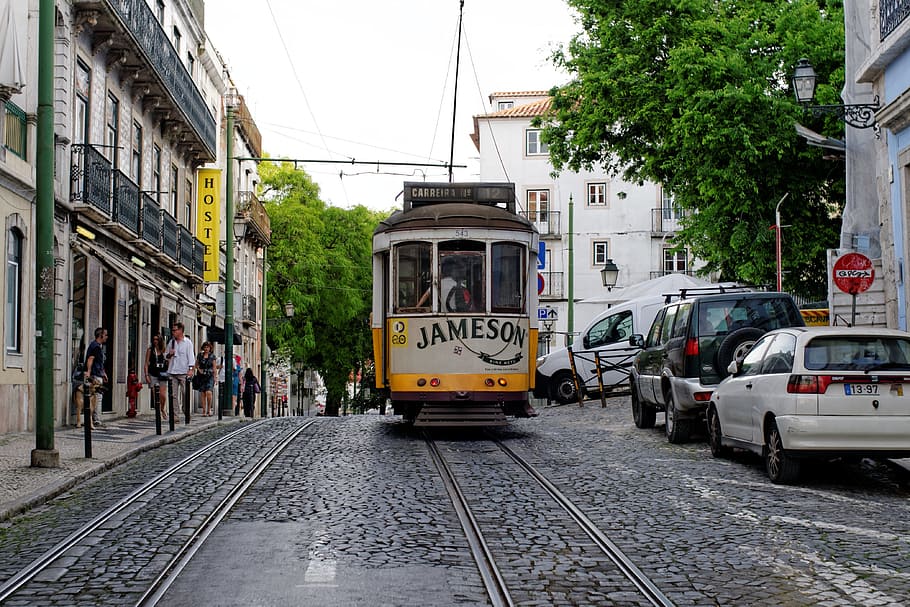 yellow, white, jameson tram, road, Lisbon, Portugal, Old Town, Tram, Road, tram, street